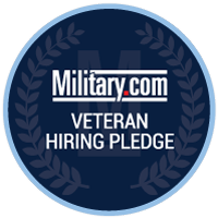 circular graphic that has Military.com logo and Veteran Hiring Pledge